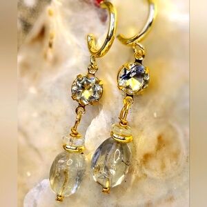 Beautiful Prasiolite / Green Amethyst 3.4 Carats & Stone In Gold Plated Earrings